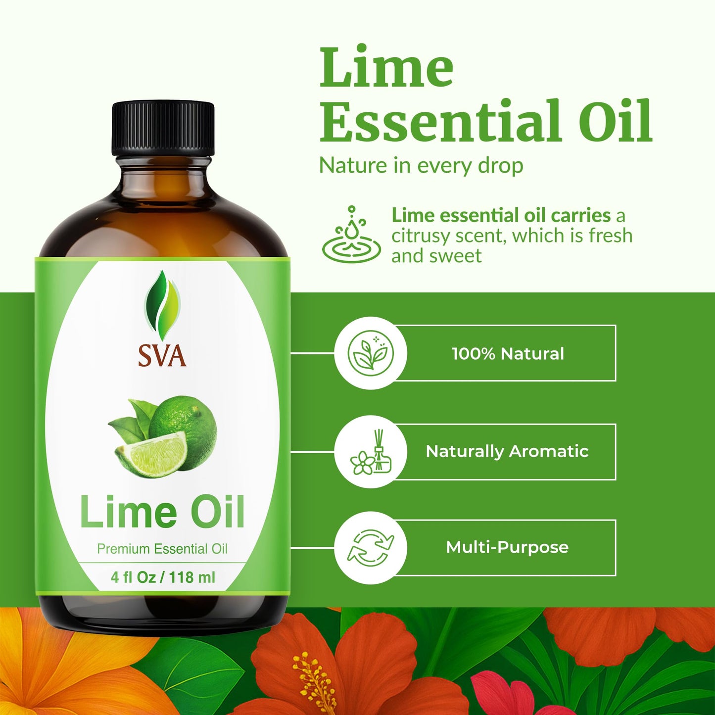 SVA Lime Essential Oil – 4 Oz, 100% Natural with Dropper | Diffuser, Skin & Hair Care