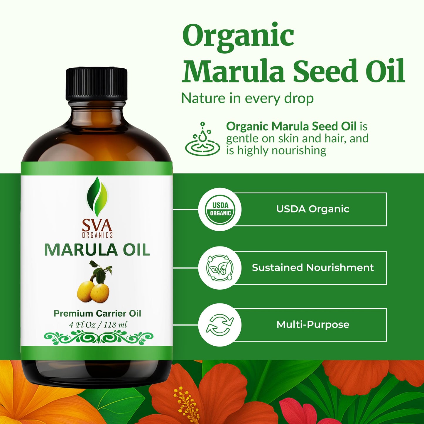 SVA Organic Marula Seed Oil – 4 Fl Oz | Cold-Pressed Virgin Marula Oil for Face, Skin & Hair