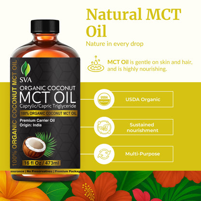 SVA MCT Oil Organic - 16oz Cold-Pressed Carrier Oil for Face, Skin & Hair