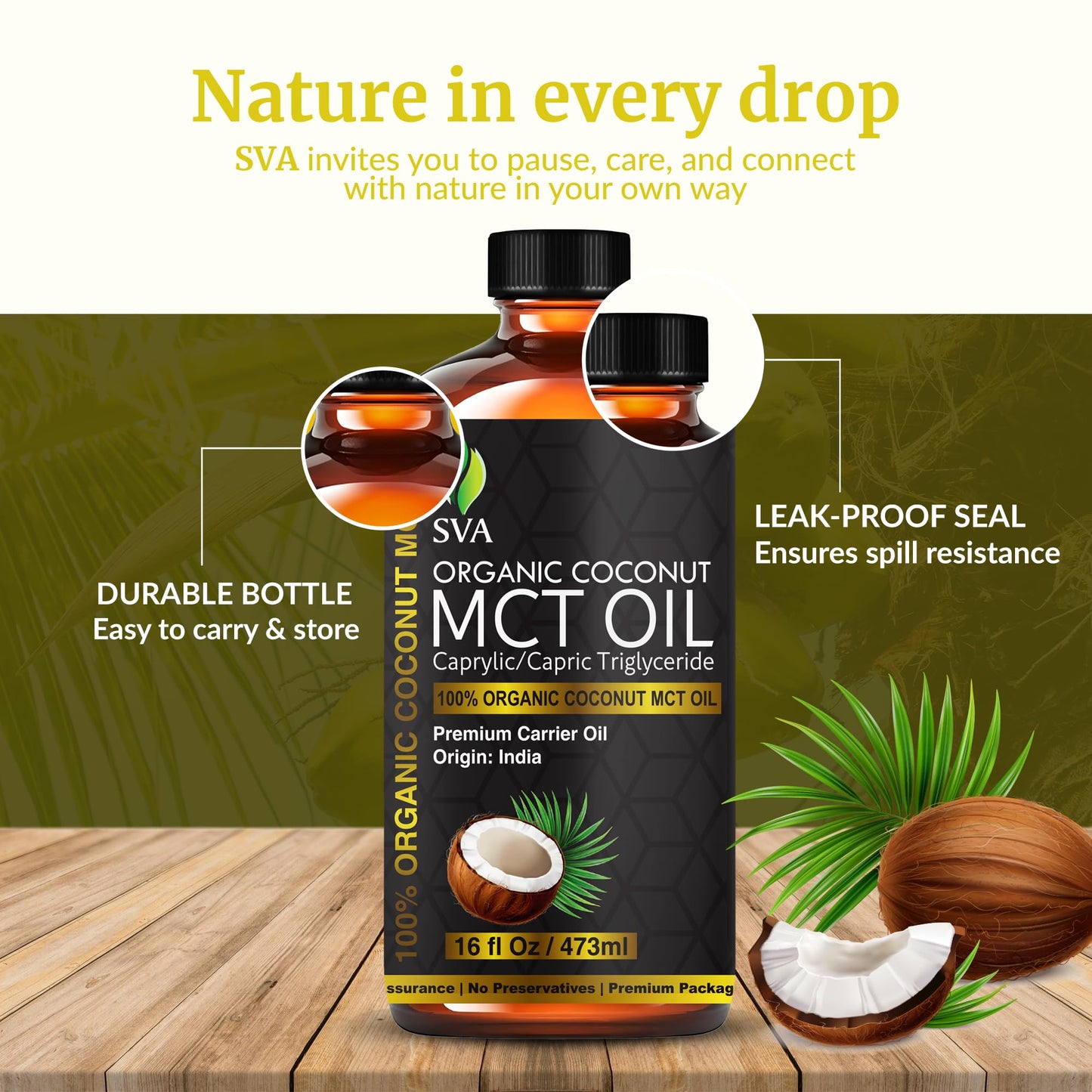 SVA MCT Oil Organic - 16oz Cold-Pressed Carrier Oil for Face, Skin & Hair