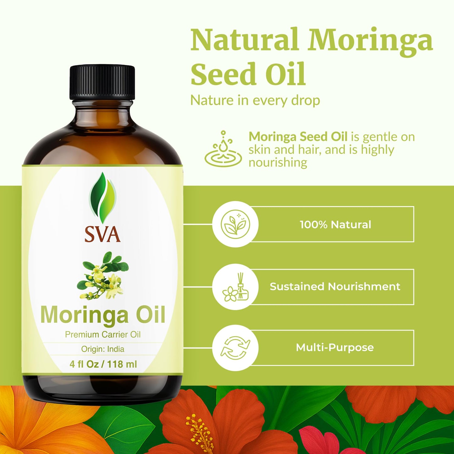 SVA Moringa Seed Oil - 4 Fl Oz | 100% Natural Cold-Pressed Moringa Carrier Oil with Dropper
