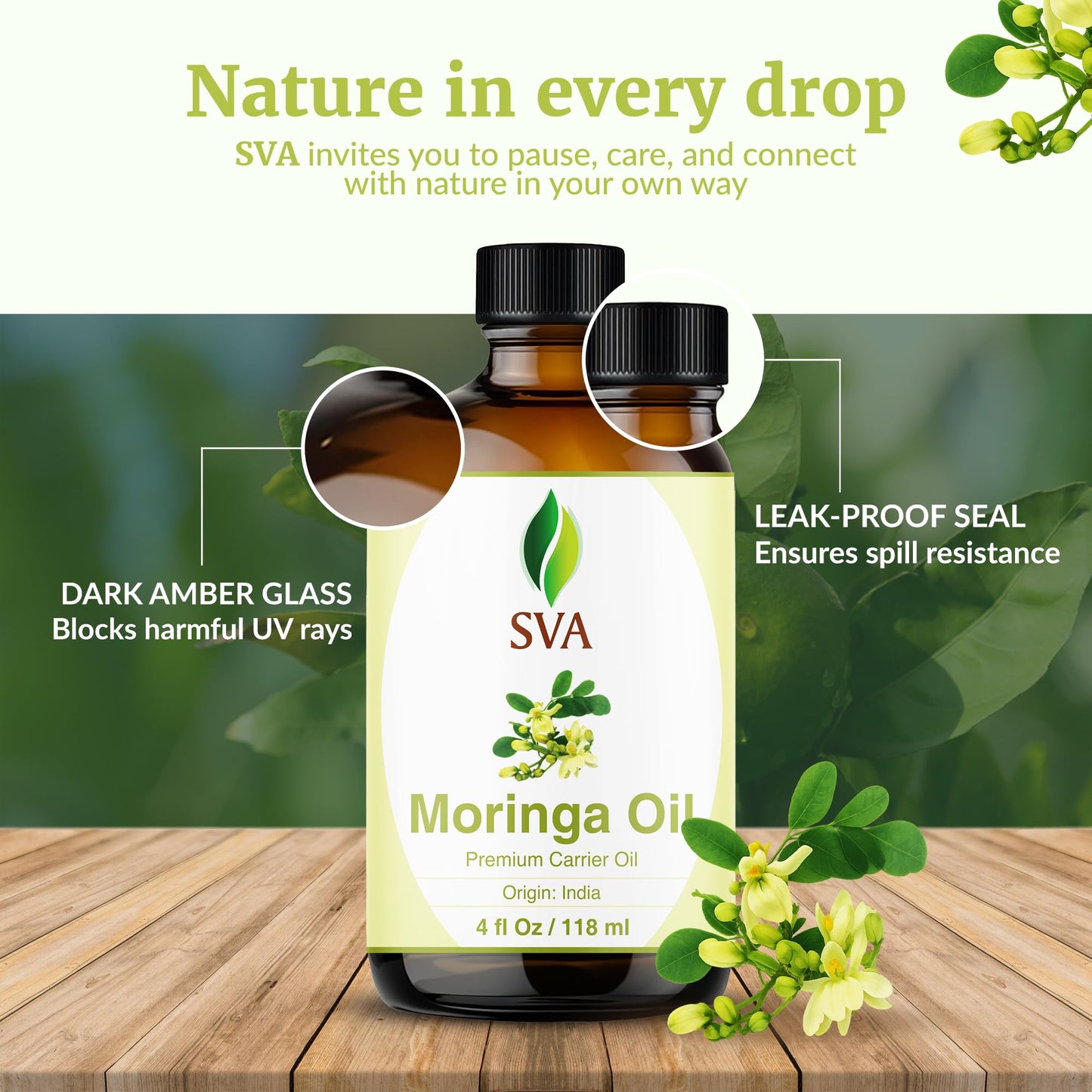 SVA Moringa Seed Oil - 4 Fl Oz | 100% Natural Cold-Pressed Moringa Carrier Oil with Dropper