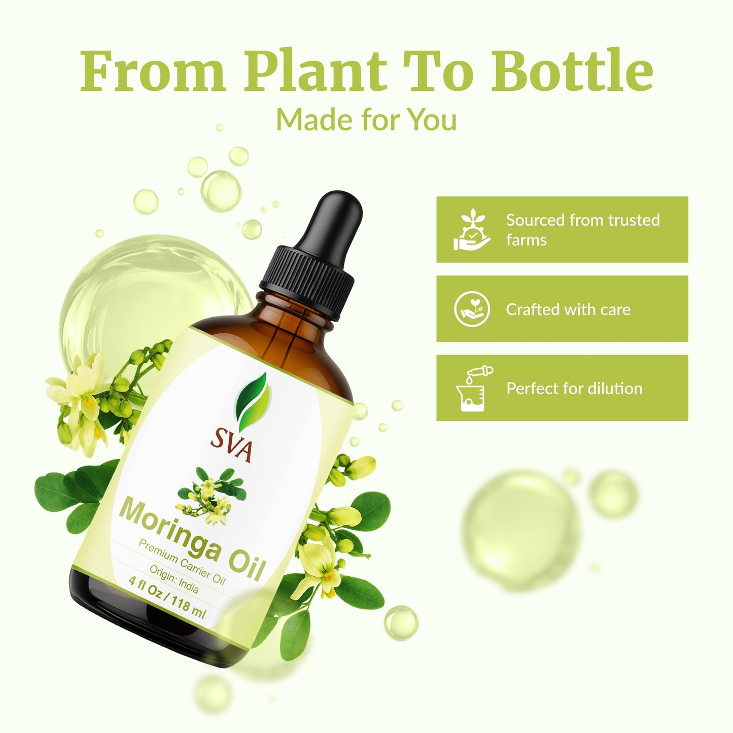 SVA Moringa Seed Oil - 4 Fl Oz | 100% Natural Cold-Pressed Moringa Carrier Oil with Dropper