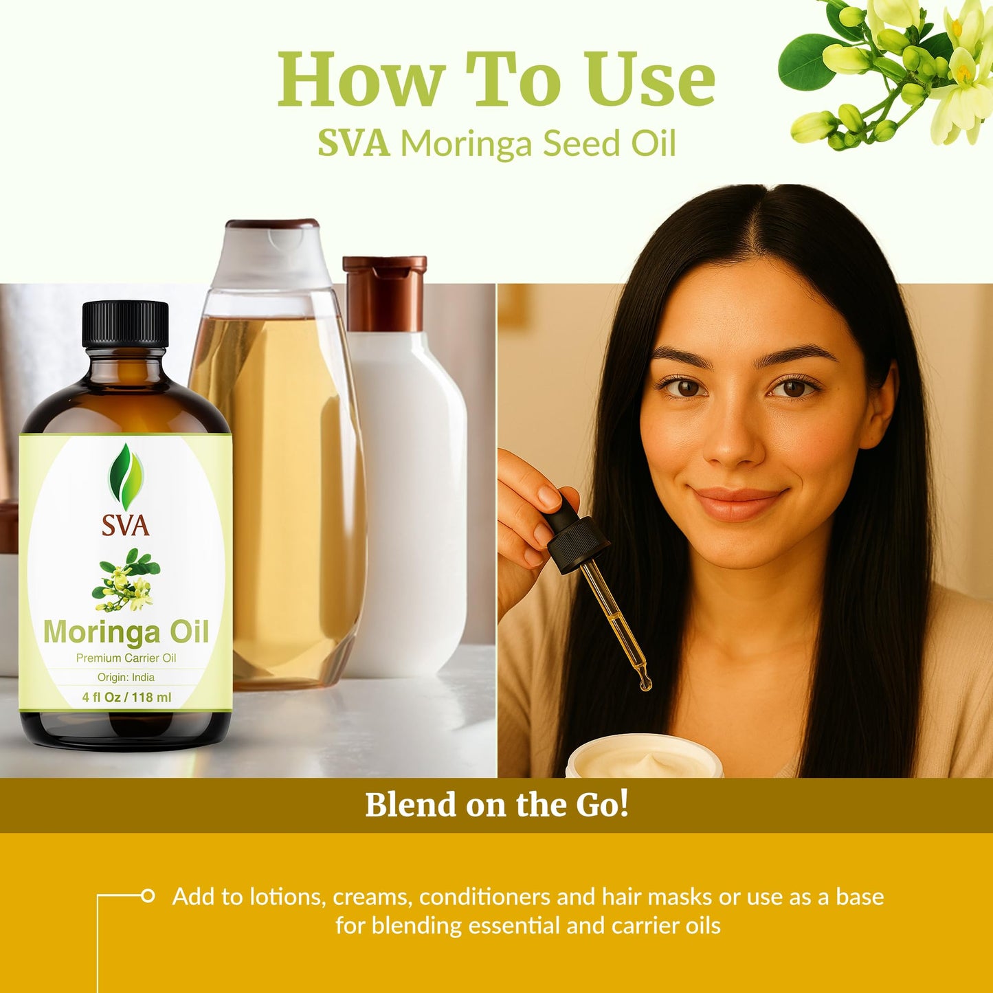 SVA Moringa Seed Oil - 4 Fl Oz | 100% Natural Cold-Pressed Moringa Carrier Oil with Dropper