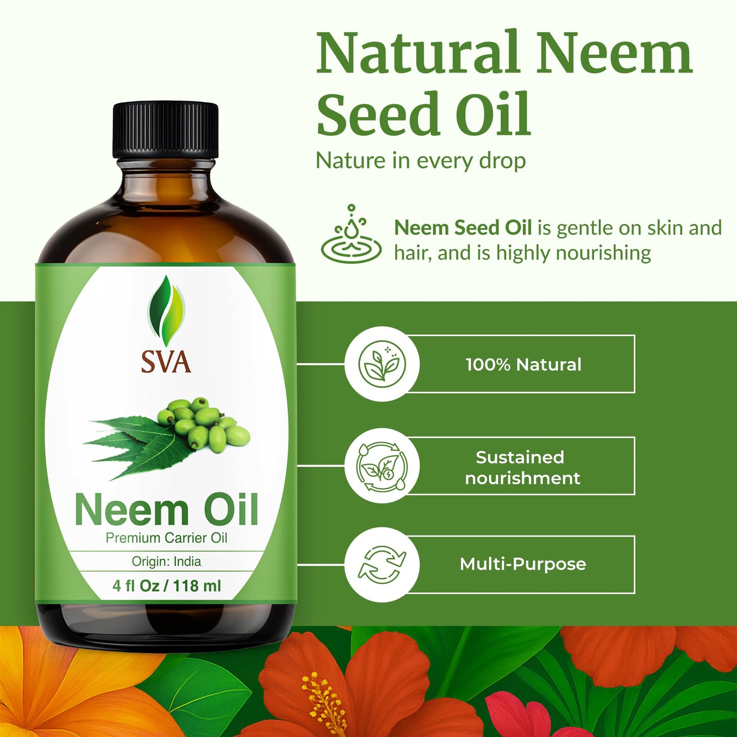 SVA Neem Seed Oil 4 oz – 100% Natural Cold-Pressed Neem Carrier Oil
