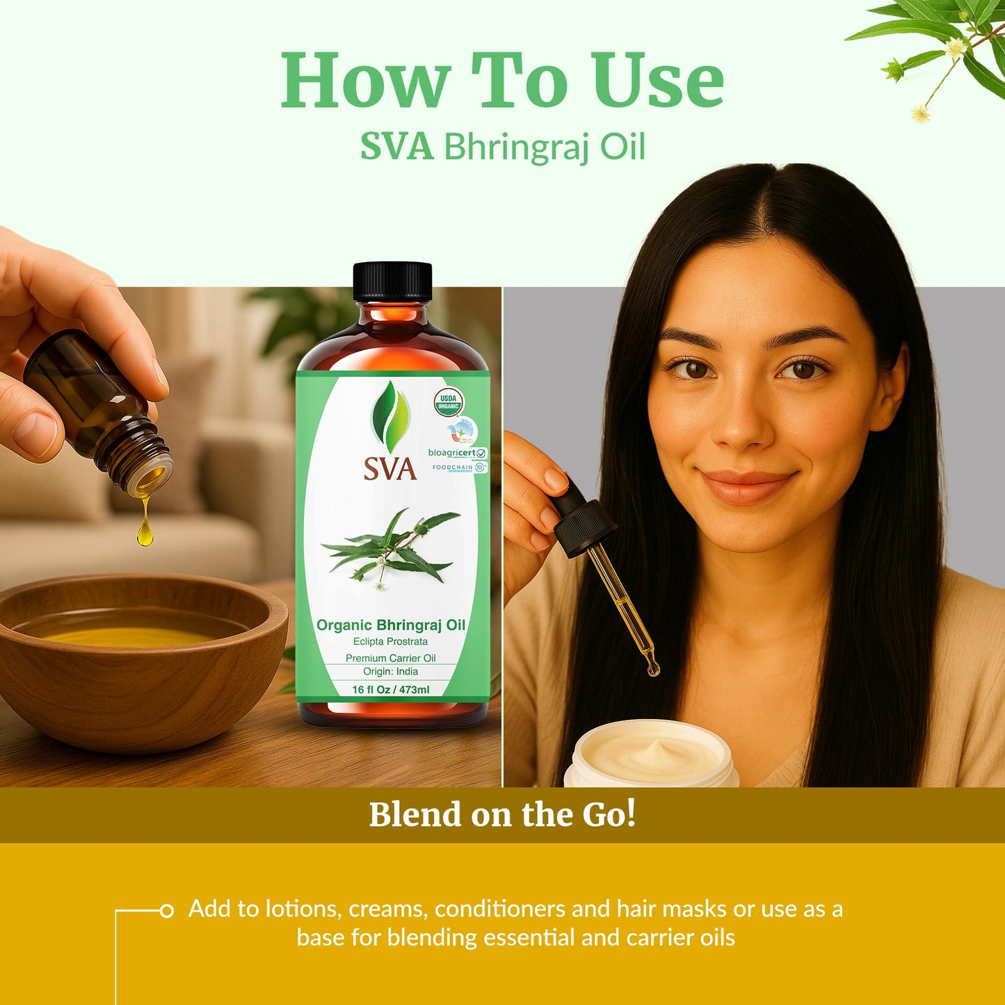 SVA Organic Bhringraj Oil 16oz | Premium Carrier Oil for Hair Care, Scalp Massage & Skin Care