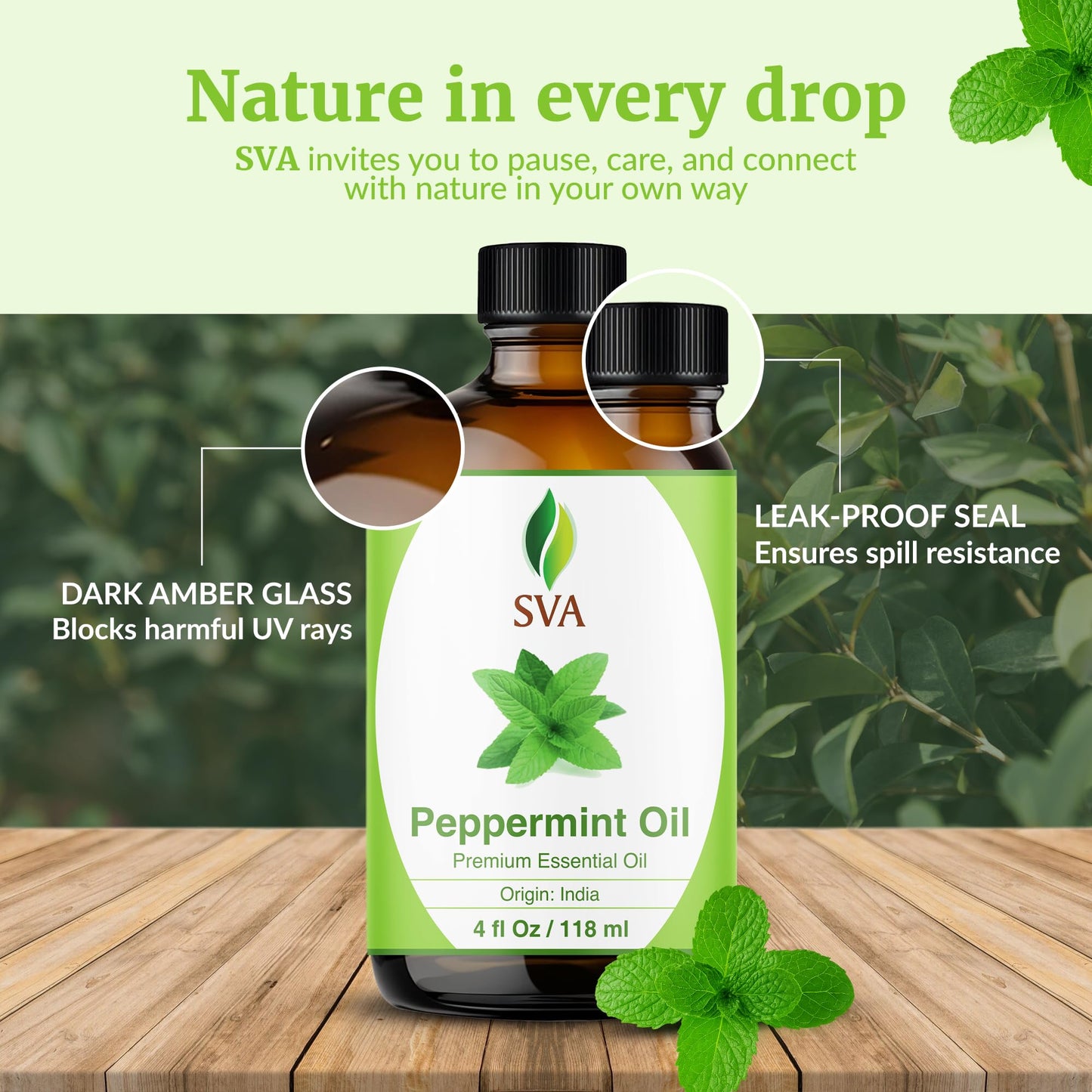 SVA Peppermint Essential Oil – 4 Fl Oz – 100% Natural for Diffuser, Hair, Skin & Aromatherapy
