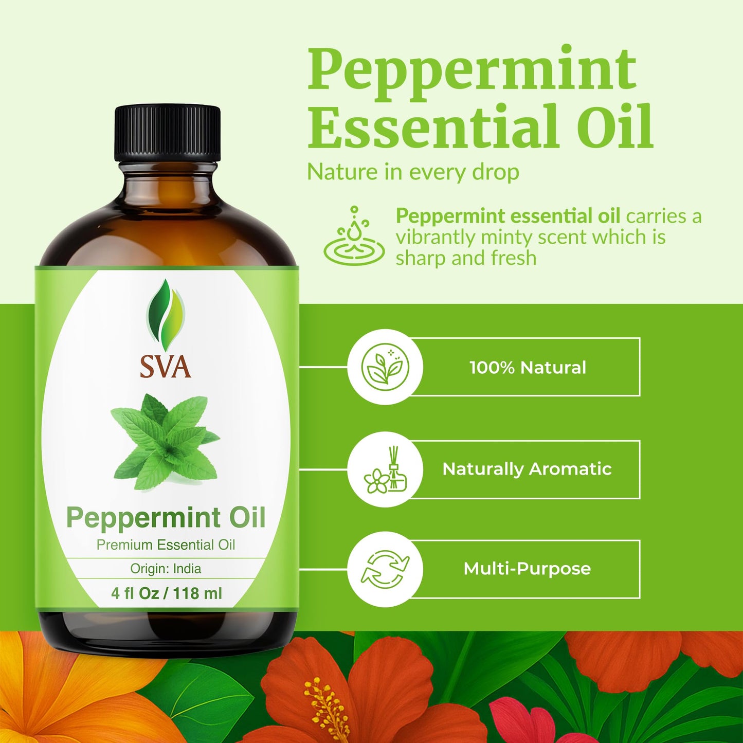 SVA Peppermint Essential Oil – 4 Fl Oz – 100% Natural for Diffuser, Hair, Skin & Aromatherapy