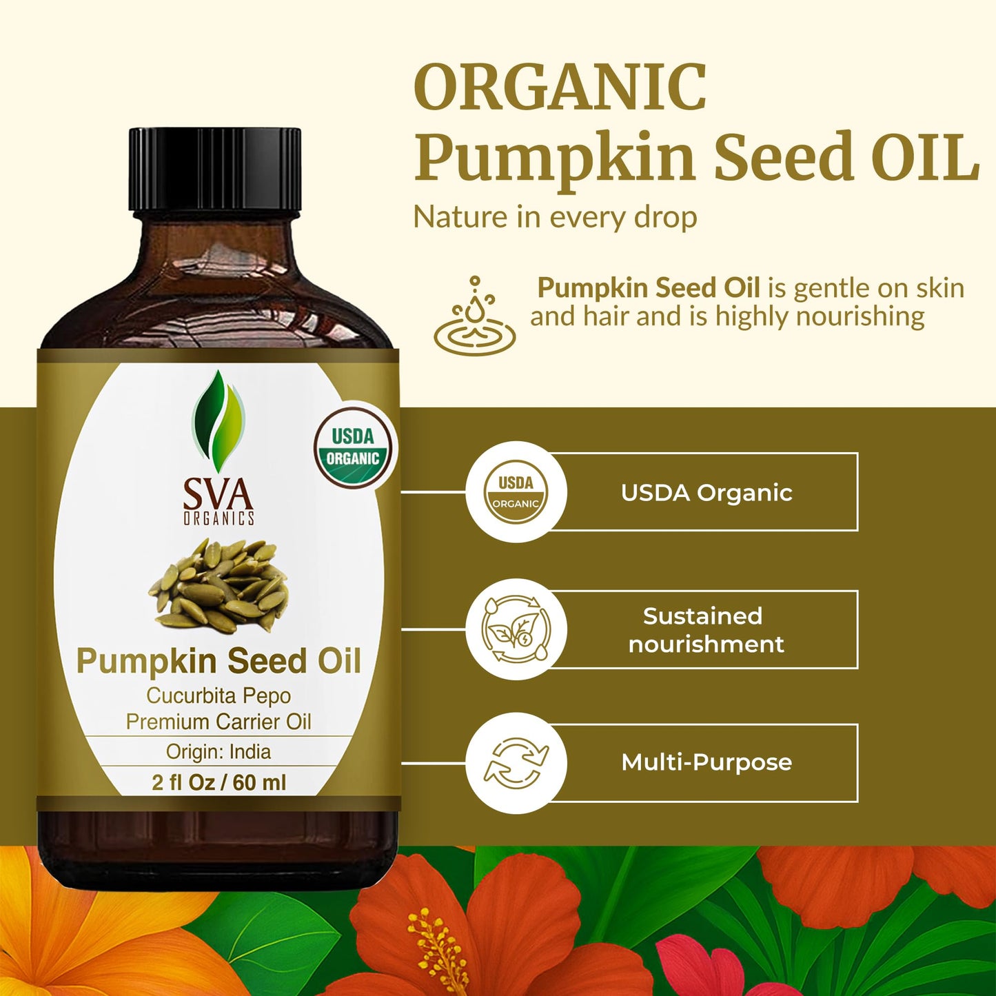 SVA Pumpkin Seed Oil Organic - 2 Fl Oz | 100% Natural Cold-Pressed Carrier Oil for Face, Skin & Hair Care