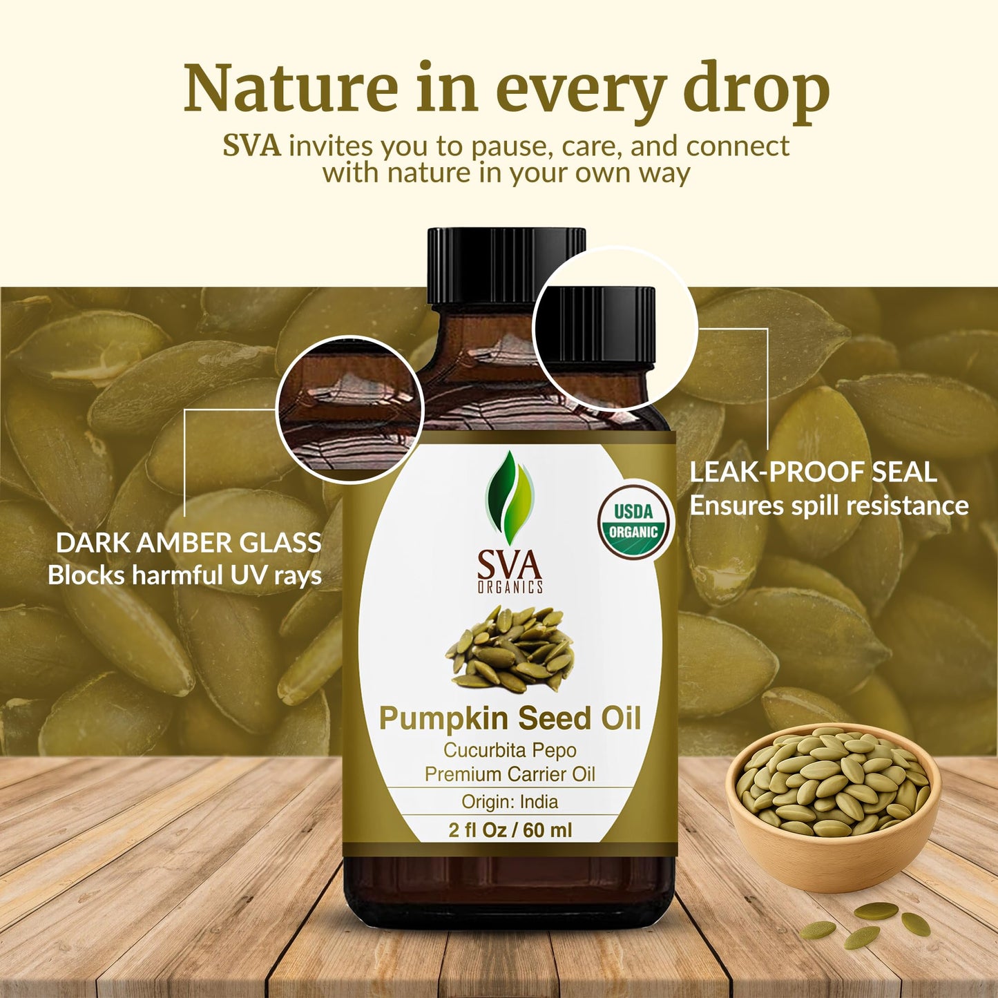 SVA Pumpkin Seed Oil Organic - 2 Fl Oz | 100% Natural Cold-Pressed Carrier Oil for Face, Skin & Hair Care