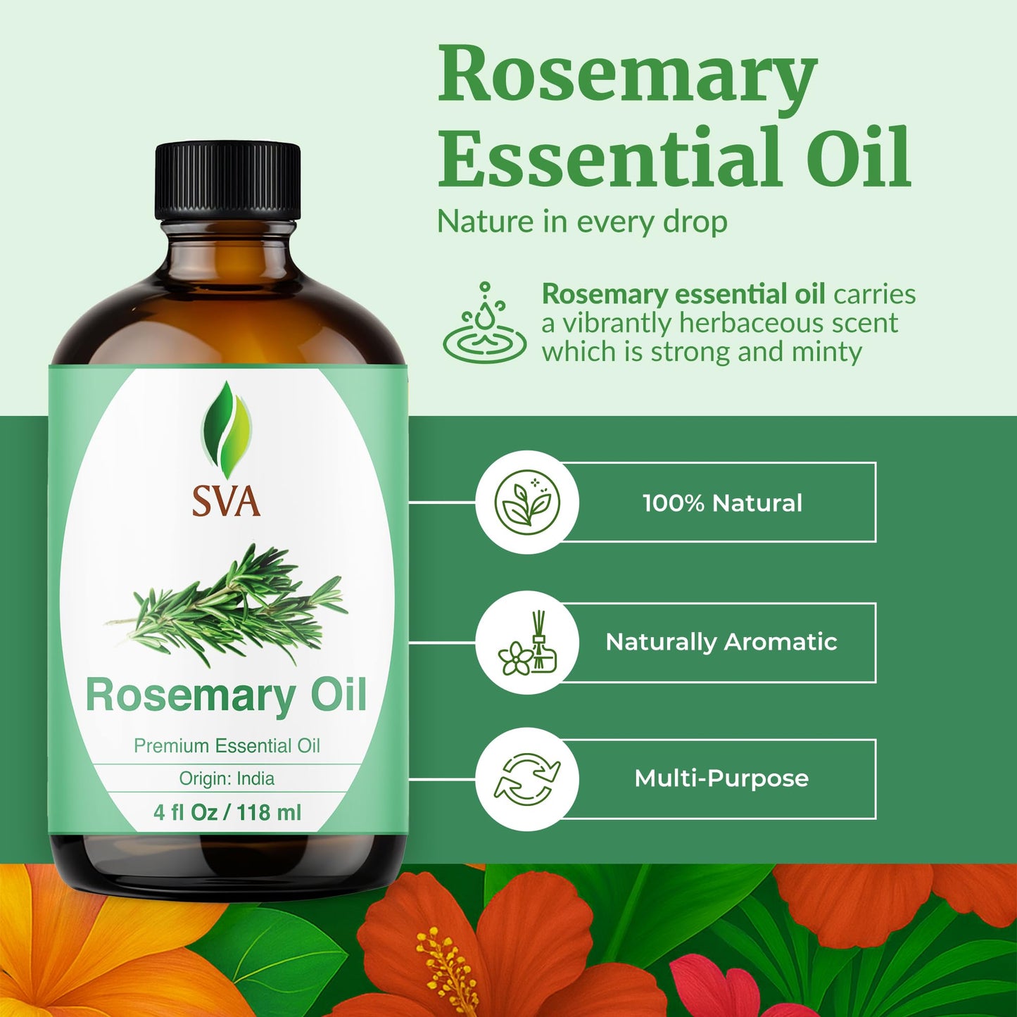 SVA Rosemary Essential Oil – 4 Oz | 100% Natural, Dropper