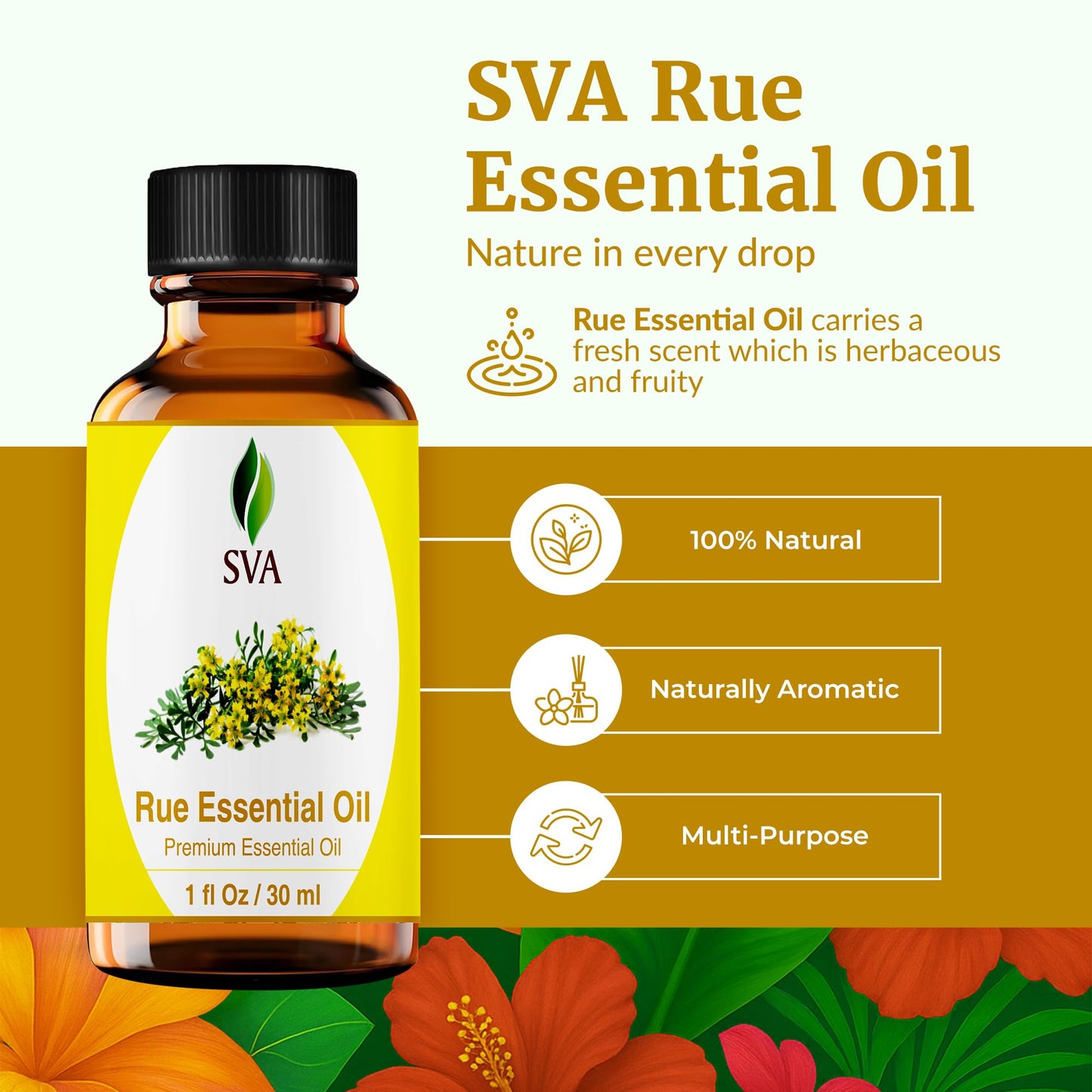 SVA Rue Essential Oil 1oz – 100% Natural Rue Oil for Diffuser, Face & Skin Care, Hair Care, Aromatherapy, Massage | Dropper
