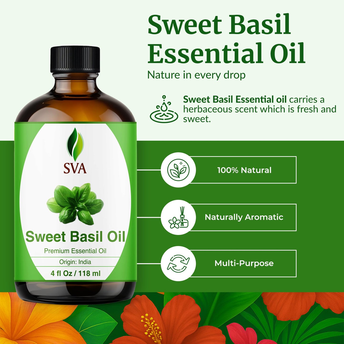 SVA Sweet Basil Essential Oil – 4oz | 100% Natural Basil Oil for Diffuser, Hair & Skin Care