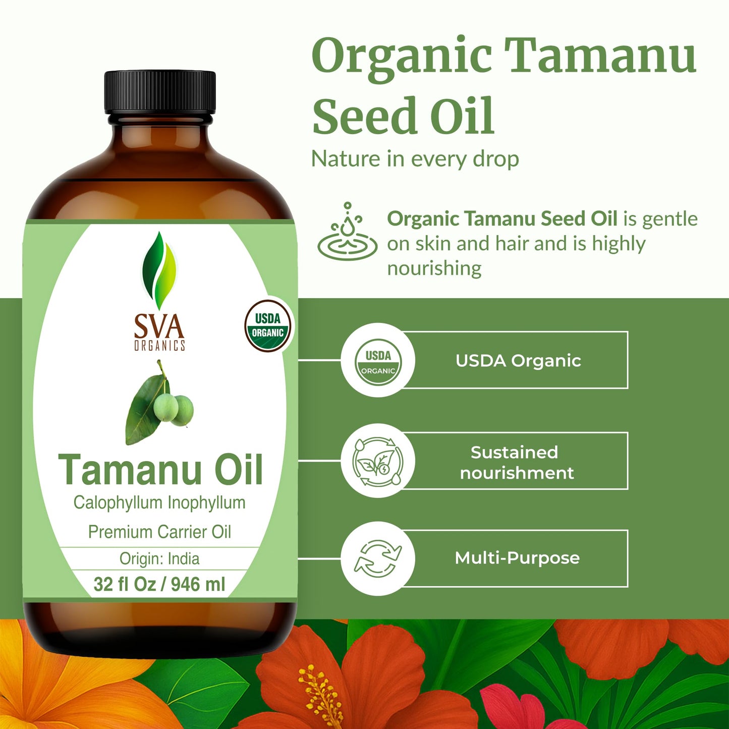SVA Tamanu Seed Oil Organic - 32oz Cold-Pressed Carrier Oil