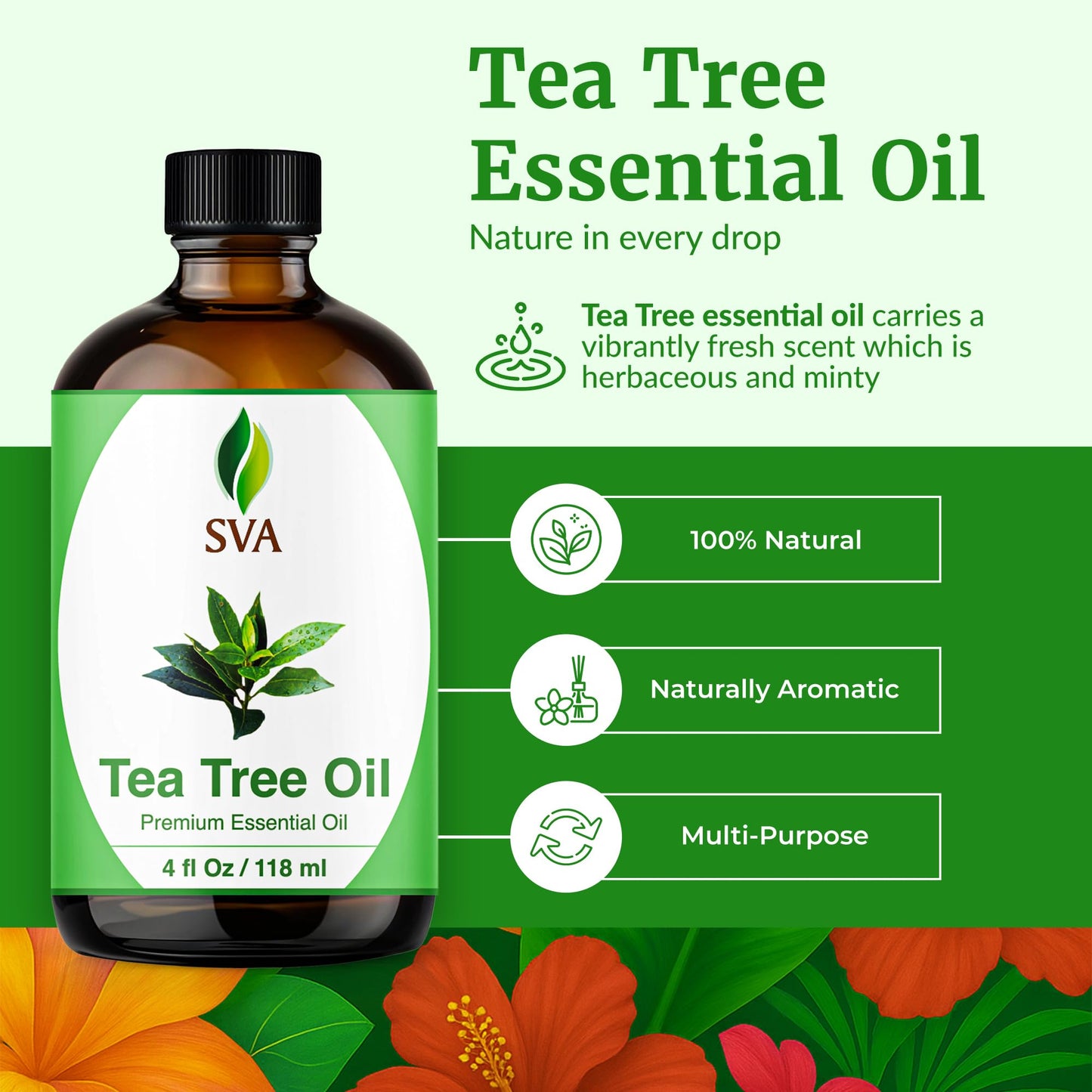 SVA Tea Tree Essential Oil 4oz - 100% Natural Tea Tree Oil with Dropper