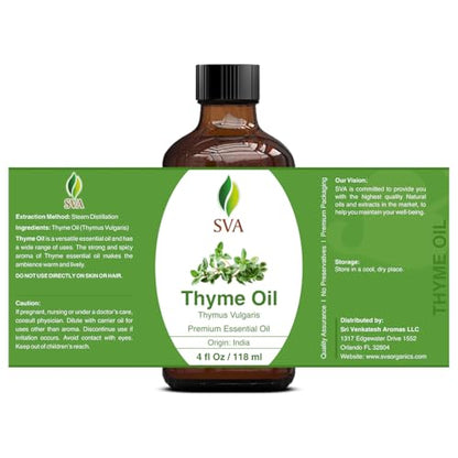 SVA Thyme Essential Oil – 4oz | 100% Natural Thyme Oil with Dropper | Diffuser, Hair & Skin Care, Aromatherapy