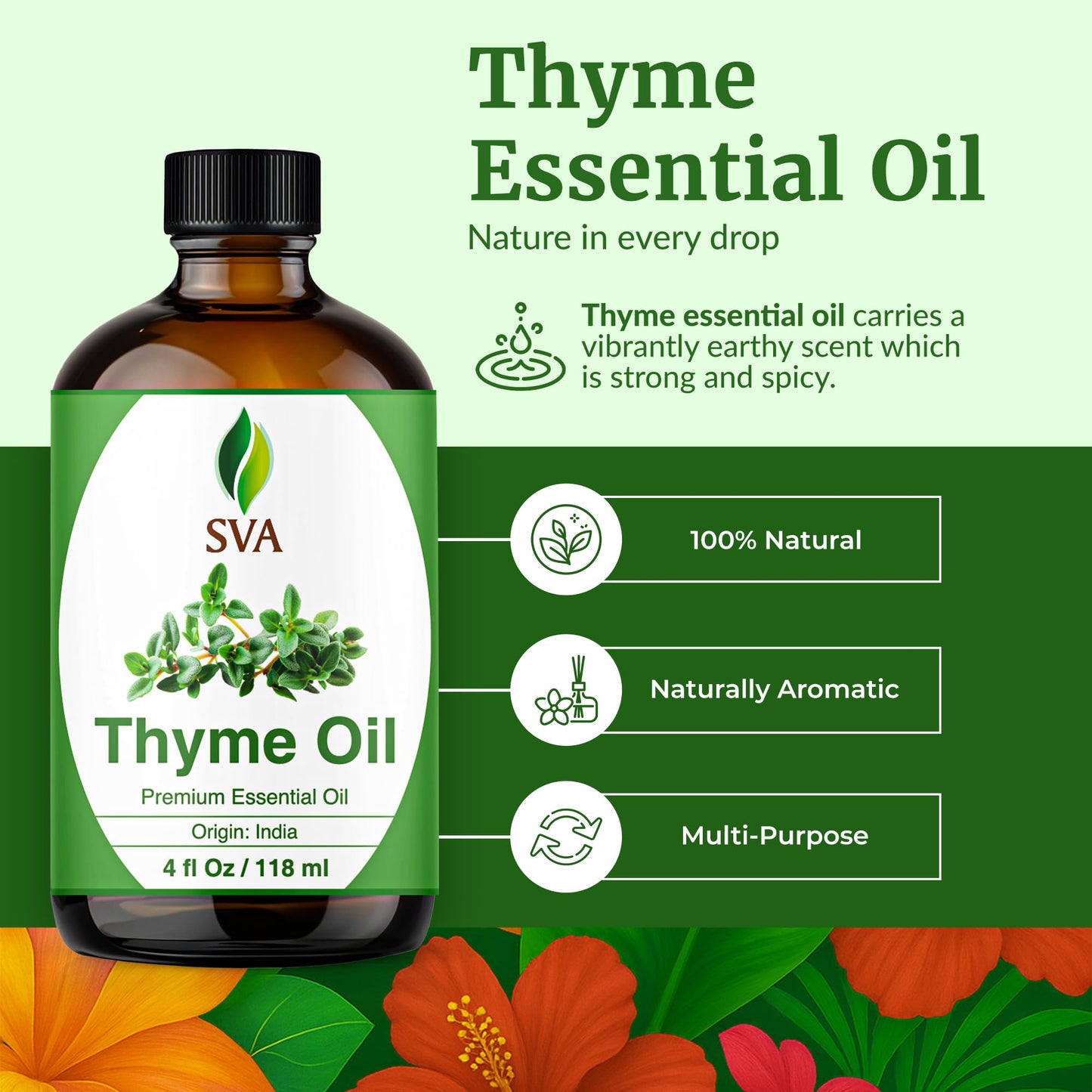 SVA Thyme Essential Oil – 4oz | 100% Natural Thyme Oil with Dropper | Diffuser, Hair & Skin Care, Aromatherapy