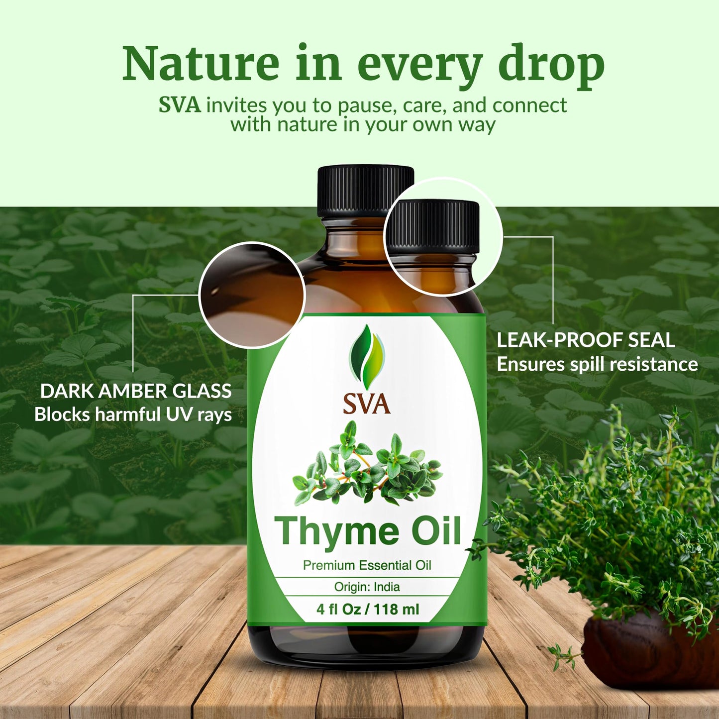 SVA Thyme Essential Oil – 4oz | 100% Natural Thyme Oil with Dropper | Diffuser, Hair & Skin Care, Aromatherapy
