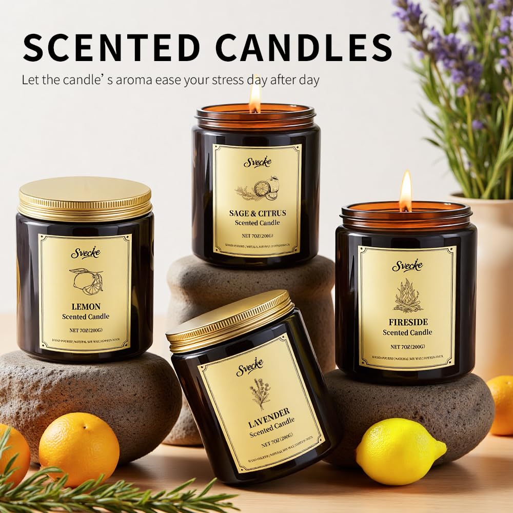 SVECKE 4 Pack 28oz Scented Candles – Coconut Vanilla, Cedar, Lemon, Lavender | Soy Wax Jar Gift Set
