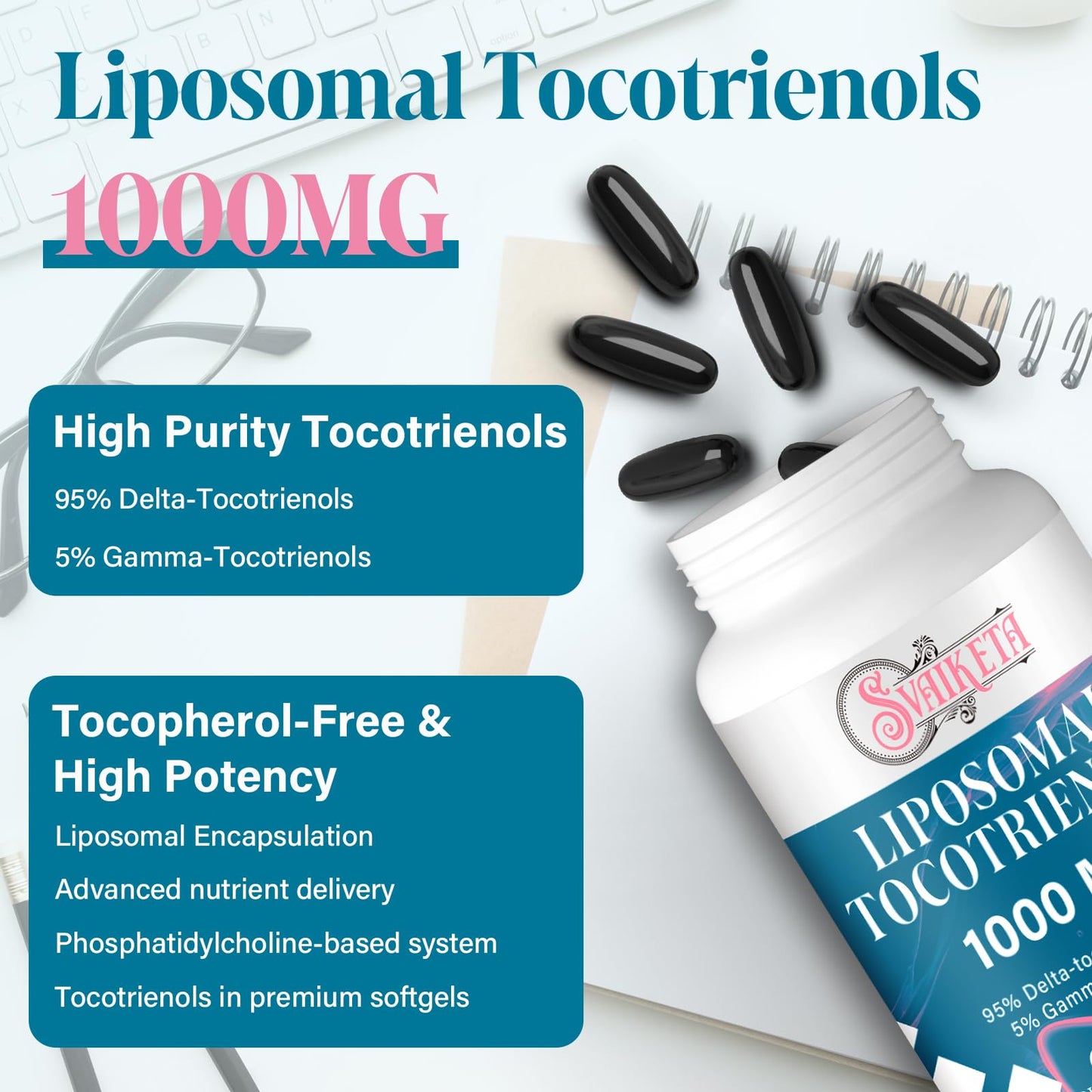 Sveikata Liposomal Tocotrienols 1000mg – High Absorption Vitamin E Tocotrienols (95% Delta-Tocotrienol, 5% Gamma-Tocotrienol) – 60 Softgels
