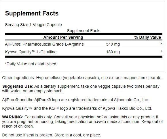 Swanson Ajipure L-Arginine with L-Citrulline – 60 Veg Capsules