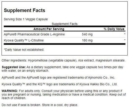 Swanson Ajipure L-Arginine with L-Citrulline – 60 Veg Capsules