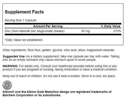 Swanson Albion Chelated Zinc Glycinate 30 Milligrams 90 Capsules