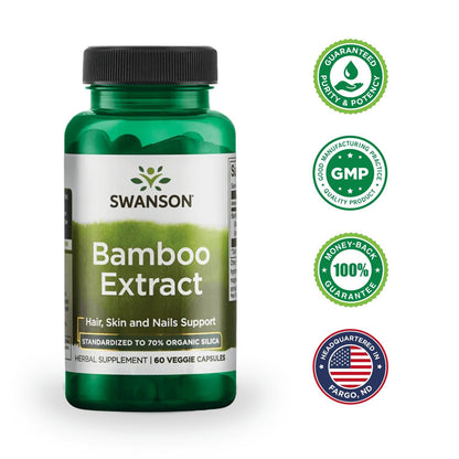 Swanson Bamboo Extract Silica Supplement for Hair, Skin & Nails – 300 mg, 60 Veggie Capsules