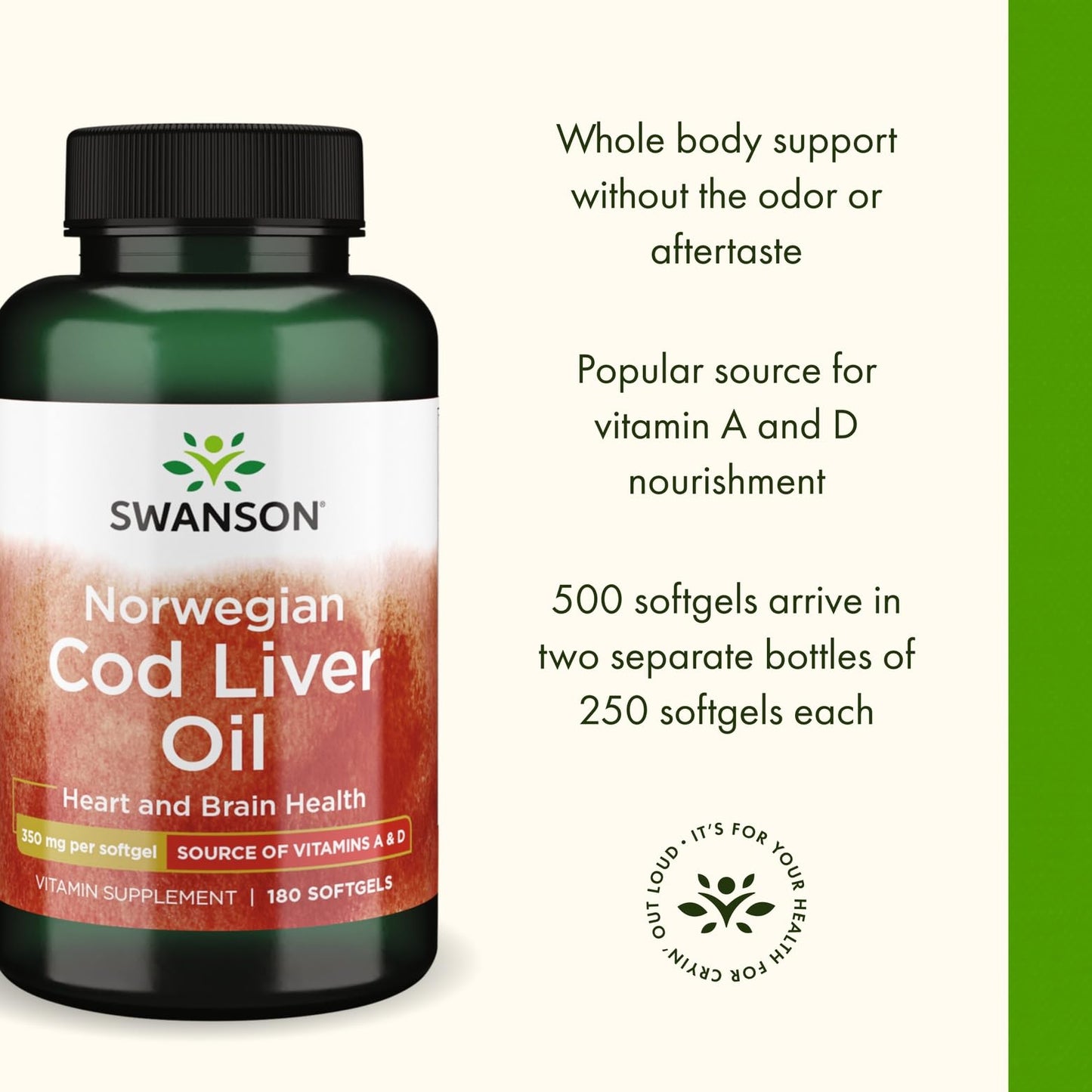 Swanson Cod Liver Oil 180 Softgels, 350mg | Bone, Skin, Vision & Immune Support