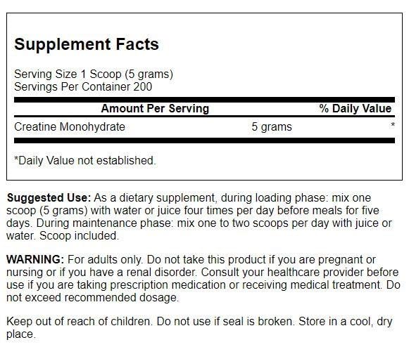 Swanson Creatine Monohydrate Powder – Micronized, 5g Serving, 1kg (200 Servings)