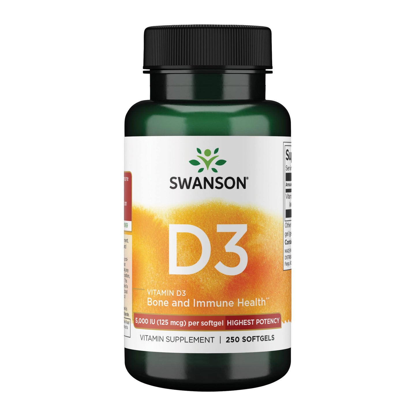 Swanson Vitamin D-3 5000 IU (125 mcg) – D3 Softgels 250 Count for Bone Health & Immune Support