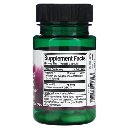 Swanson Vitamins D3 & K2 – 2,000 IU & 75 mcg, 60 Veg Caps | Gluten Free, Vegan, Non-GMO