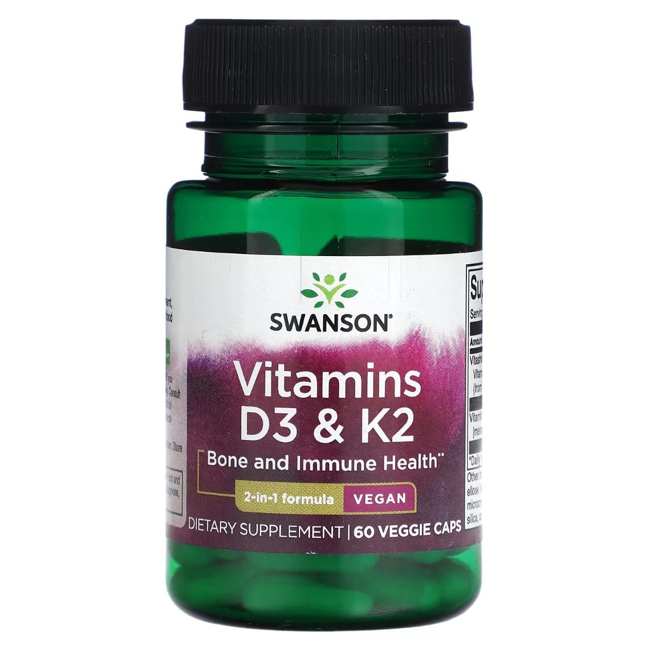 Swanson Vitamins D3 & K2 – 2,000 IU & 75 mcg, 60 Veg Caps | Gluten Free, Vegan, Non-GMO