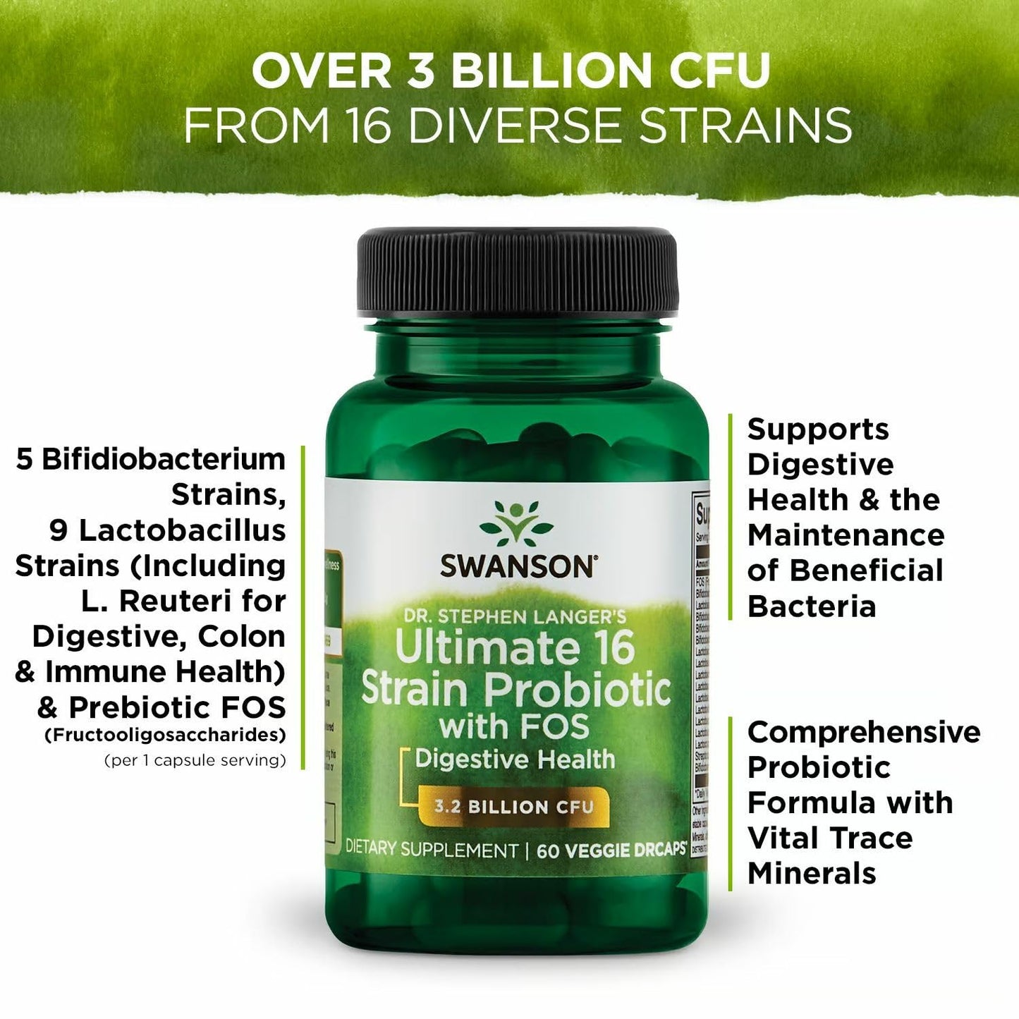 Swanson Dr. Stephen Langer's Formula — 16-Strain Probiotic with Prebiotic FOS, 3.2B CFU per Capsule (60 Veggie Caps) • 4 Pack