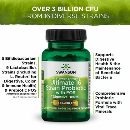 Swanson Dr. Stephen Langer's Formula — 16-Strain Probiotic with Prebiotic FOS, 3.2B CFU per Capsule (60 Veggie Caps) • 4 Pack