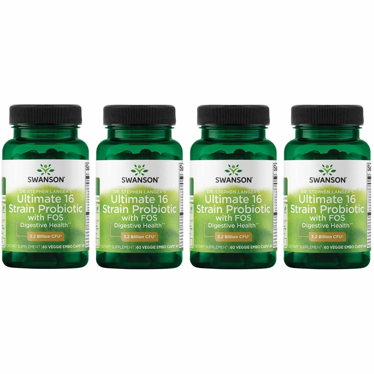 Swanson Dr. Stephen Langer's Formula — 16-Strain Probiotic with Prebiotic FOS, 3.2B CFU per Capsule (60 Veggie Caps) • 4 Pack