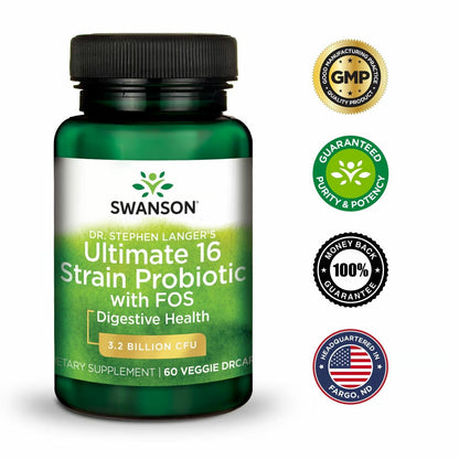 Swanson Dr. Stephen Langer's Formula — 16-Strain Probiotic with Prebiotic FOS, 3.2B CFU per Capsule (60 Veggie Caps) • 4 Pack