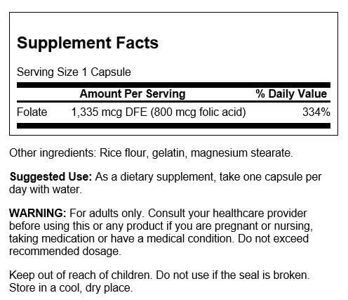 Swanson Folic Acid 800 mcg (335 mcg DFE Folate) – 250 Capsules