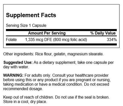 Swanson Folic Acid 800 mcg (335 mcg DFE Folate) – 250 Capsules