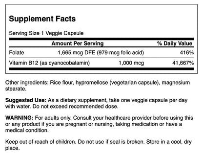 Swanson Folic Acid & Vitamin B-12 30 Veg Capsules | Vegetarian Vitamin B12 & Folate Supplement