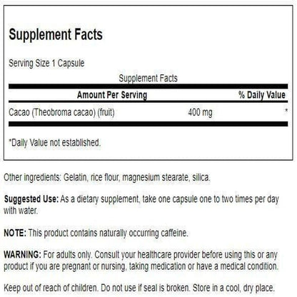 Swanson Full Spectrum Cacao (Raw Cocoa) – Herbal Energy Support, 60 Capsules (400 mg Each)