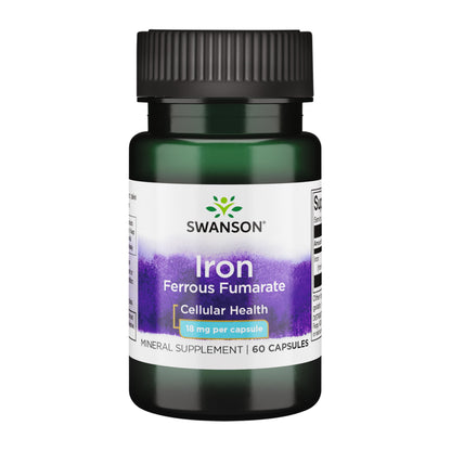 Swanson Iron (Ferrous Fumarate) – Energy Support, Oxygen Delivery & Fatty Acid Metabolism | 60 Caps, 18 mg