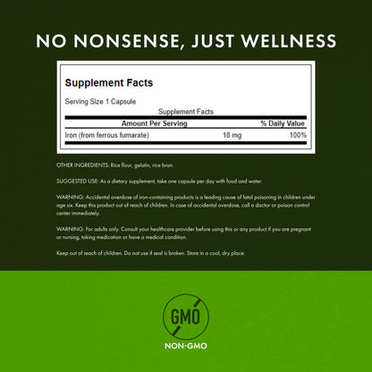 Swanson Iron (Ferrous Fumarate) – Energy Support, Oxygen Delivery & Fatty Acid Metabolism | 60 Caps, 18 mg