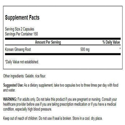 Swanson Korean Ginseng 250 mg – 300 Capsules | Energy & Immune Support