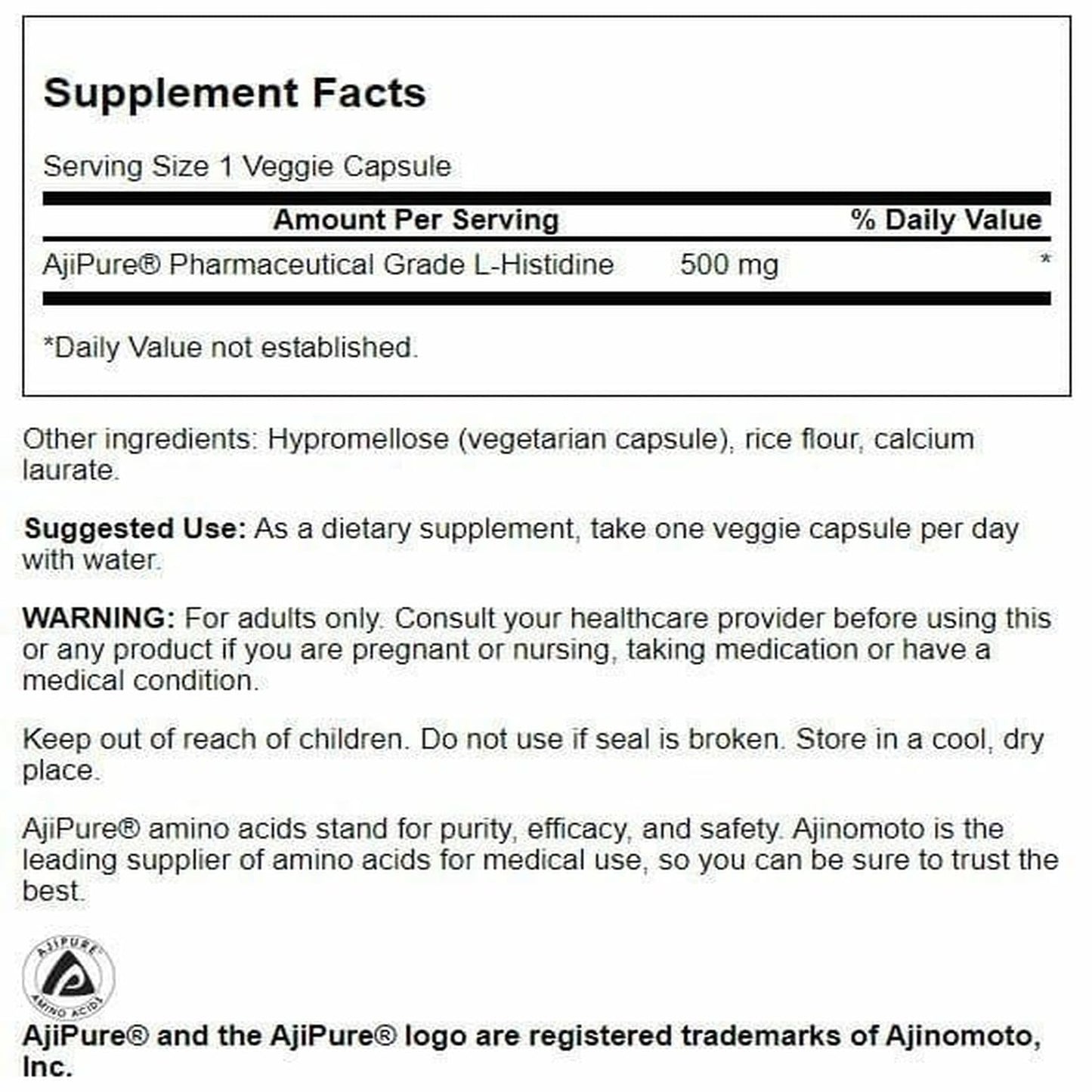 Swanson L-Histidine with Ajipure 500 mg - 60 Veg Caps (2 Pack)