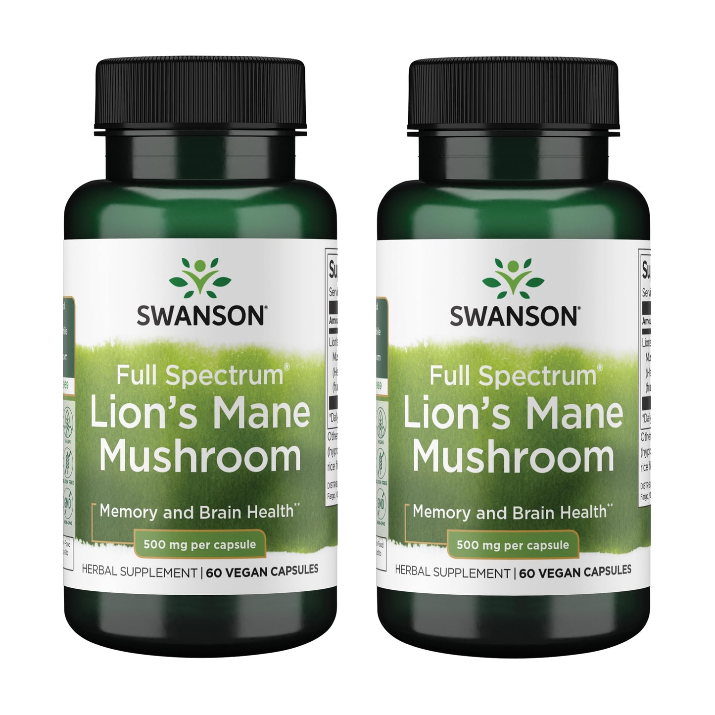Swanson Full Spectrum Lion's Mane – Brain Health, Memory & Focus (60 Capsules, 2 Pack) Gluten-Free & Non-GMO