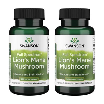 Swanson Full Spectrum Lion's Mane – Brain Health, Memory & Focus (60 Capsules, 2 Pack) Gluten-Free & Non-GMO