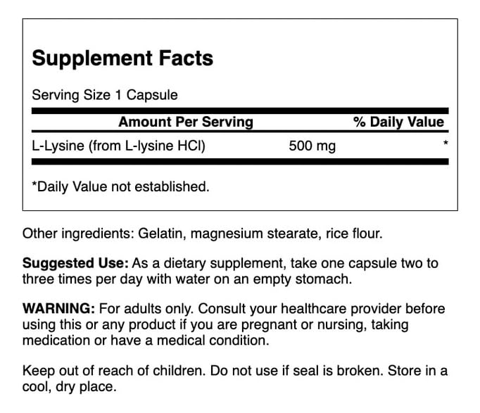 Swanson Amino Acid Free-Form L-Lysine 500 mg - 100 Capsules