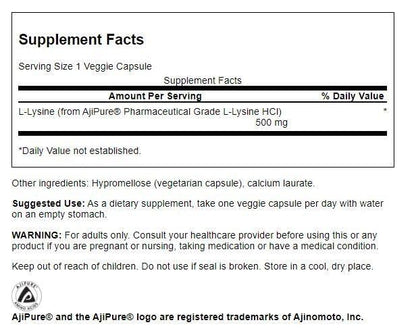 Swanson Ajipure L-Lysine 500 mg Pharmaceutical Grade – 90 Veg Capsules (Pack of 2)