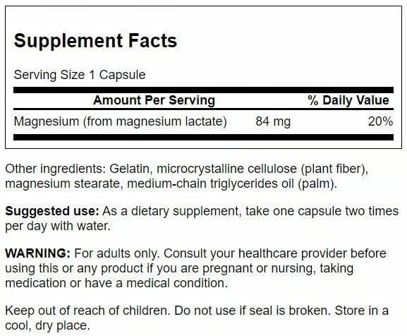 Swanson Magnesium Lactate (84 mg) - Lactose-Free Mineral Supplement, 120 Capsules